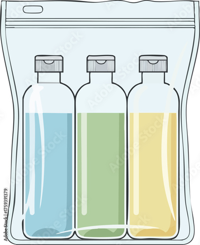 Three travel-sized toiletry bottles with colorful liquids inside a clear, resealable security bag for air travel.