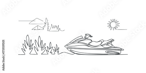 Minimalist Line Art Jet Ski on Water with Sun and Plants