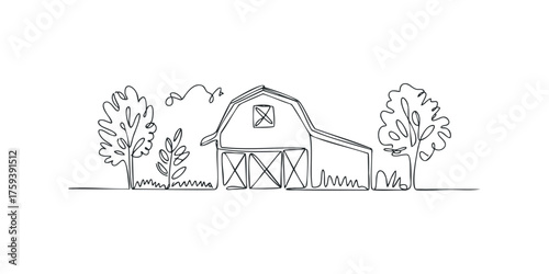 Continuous line drawing of a rural barn with trees