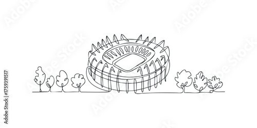Stadium with trees drawn with continuous line technique