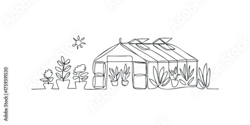 Minimalist greenhouse structure with potted plants and sun