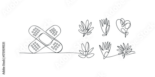 One line drawing of band aids and organic shapes