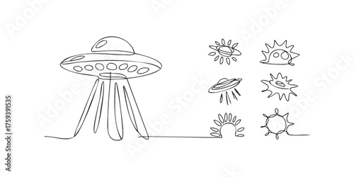 Line art flying saucer and celestial bodies collection
