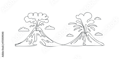 Two volcanoes erupting in a line drawing style