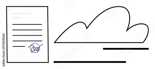 Contract with signature next to a cloud icon conveying digital storage. Ideal for technology, security, communication, legal services, data management, remote work, innovation. Simple flat metaphor