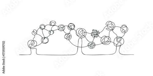 Abstract tangled line art network with interconnected circles