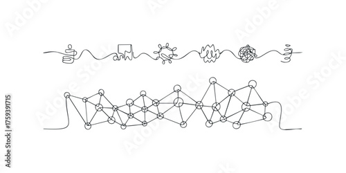 Line art sequence showing process from simple to complex connections