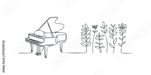 Abstract Grand Piano Connected to Flowing Plant Life