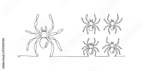 Single line art of multiple spiders on white background
