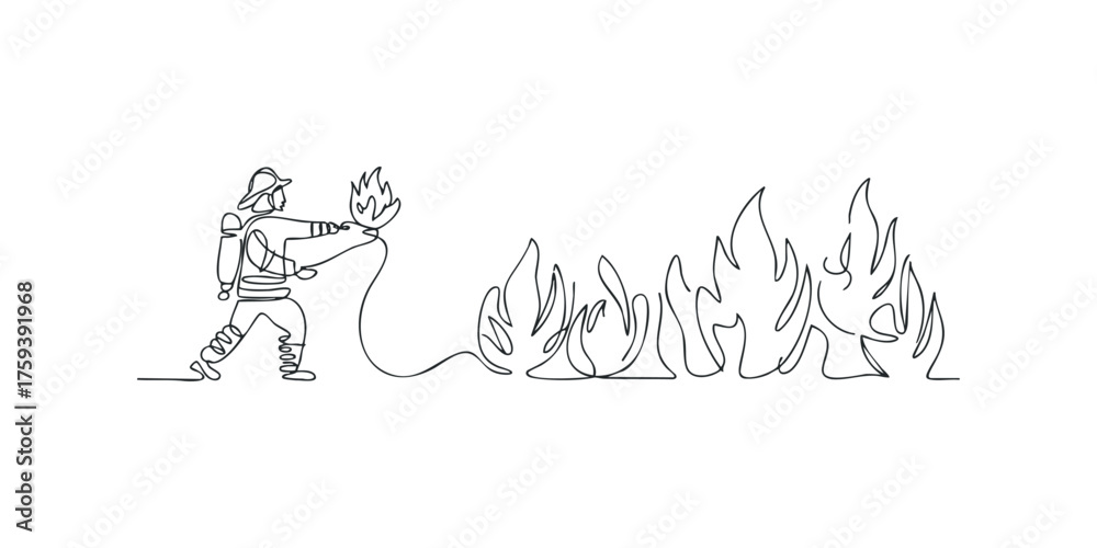 Obraz premium Firefighter spraying water on a line of flames