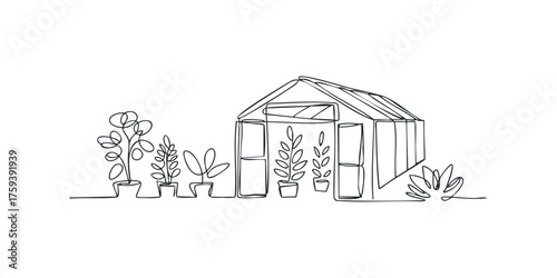 Line drawing of greenhouse with potted plants