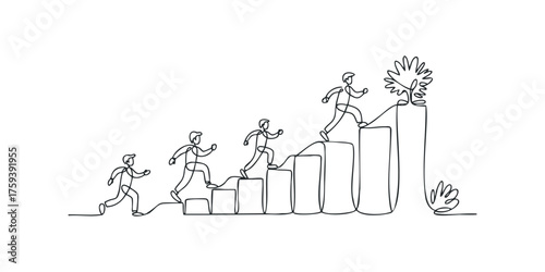 Continuous line drawing of men climbing stairs representing career growth