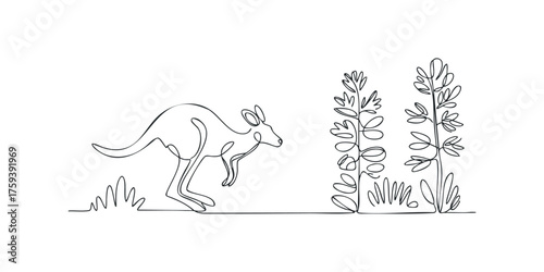 Kangaroo hops through sparse vegetation in continuous line drawing