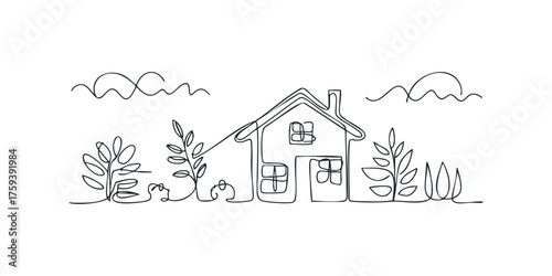 Minimalist house with trees and clouds drawn in continuous line style