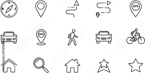Navigation, Map  Travel Line Icons Set: GPS, Compass, Route, Car, Bicycle, Walker, Home, Search, Star for Apps  Websites.
