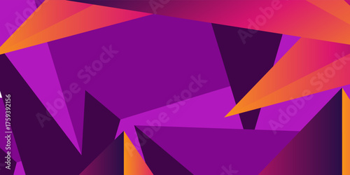 A modern geometric abstract background with a vibrant combination of purple, pink, and orange. This design features overlapping triangles and polygons, creating a dynamic and engaging composition.