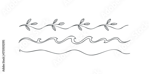 Hand drawn line art floral vine and wavy borders