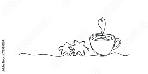 Line art coffee cup with star cookies and steam
