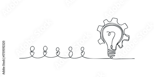 Single line drawing of a lightbulb integrated with a gear