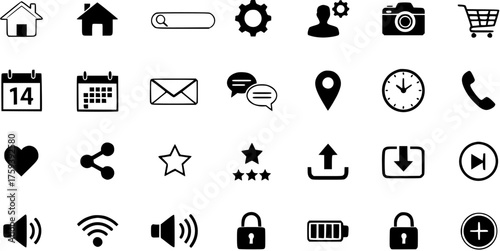 Essential Black and White UI and Web Icon Set. Perfect for apps and websites, featuring common symbols for navigation, communication, media, settings, commerce, and utilities.