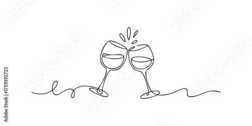 Line art of two wine glasses clinking together in celebration