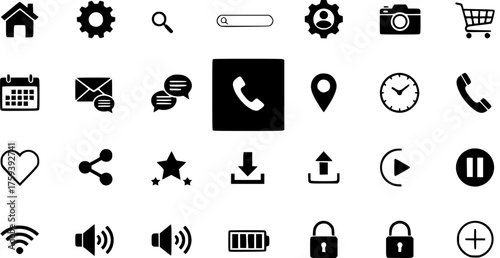 Comprehensive vector icon set featuring essential user interface, web, and app symbols for communication, navigation, media controls, and utility functions, in black and white.