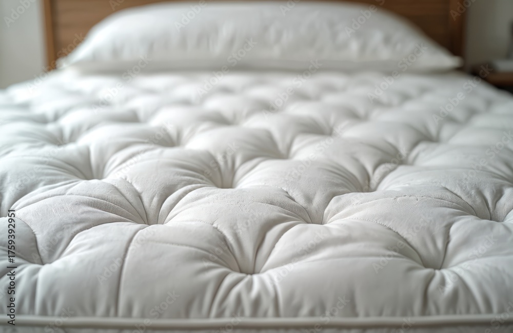 Obraz premium Clean white mattress texture detail, soft quilted surface, plush bedding with tufted pattern. Comfortable bed textile, cozy bedroom furniture, relaxation, sleep.