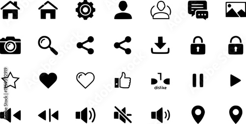 Essential Black  White Vector UI UX Icon Set for Web  Mobile: Home, Settings, User, Chat, Camera, Search, Share, Download, Lock, Heart, Like, Dislike, Playback, Volume, Location Symbols