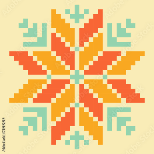 Colorful pixelated star or snowflake motif with a geometric design, inspired by traditional ethnic folk art and cross-stitch embroidery