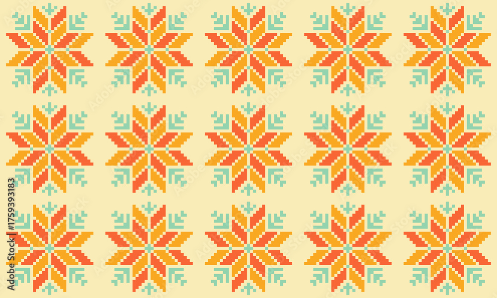 Fototapeta premium Seamless folk art inspired wallpaper with repeating geometric star flower design in warm vintage colors