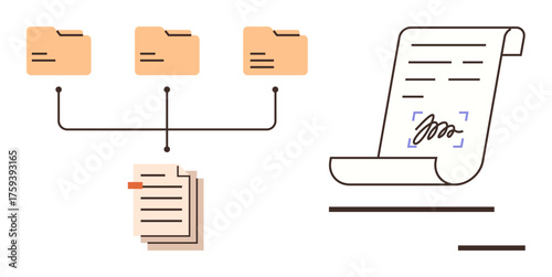 Connected folders transferring files to stacked documents and digital scroll with signature. Ideal for filing, contracts, workflow, management, documentation, archiving, paperless solutions. Simple
