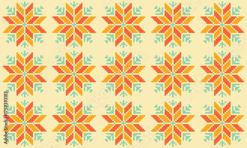 Seamless folk art inspired wallpaper with repeating geometric star flower design in warm vintage colors