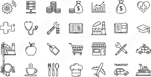 Hand-drawn doodle icons set for business, finance, technology, health, education, transport, and food. Sketchy line art collection of various industry and service symbols.
