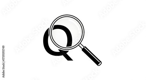 A black and white illustration of a magnifying glass over the letter q, , symbolizing search and inquiry