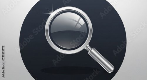 Illustration of a magnifying glass with a silver frame and handle, set against a dark gray circular background with a soft, light gray gradient