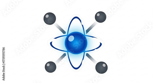 Illustration of a blue atom with electrons orbiting the nucleus, representing science, technology, or energy