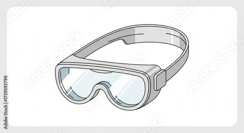 Illustration of white safety goggles with clear lenses and adjustable strap, set against a light gray background
