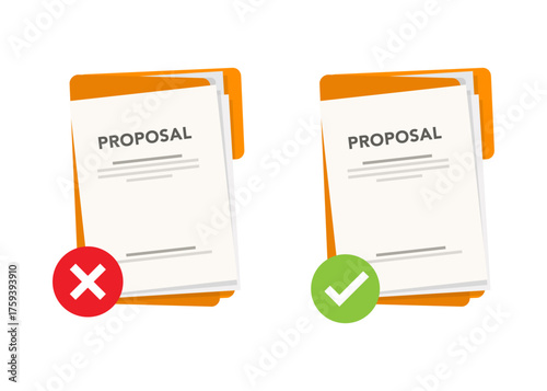 Approved and rejected proposal documents. Clipboard with document, red rejected and green approved stamp. Flat vector illustration