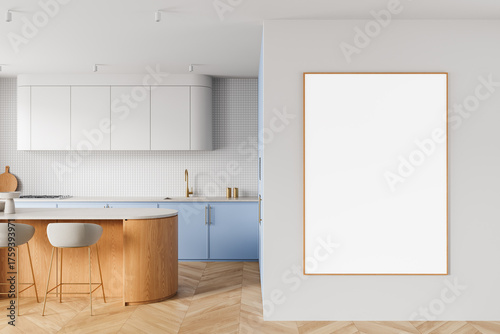 Cuadro en lienzo Modern kitchen interior with stylish furniture and large blank poster mockup on wall in minimalist space with wooden accents and soft lighting