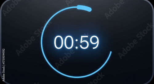 A digital countdown timer displays 0059 with a glowing blue circular progress bar on a dark background, indicating time remaining