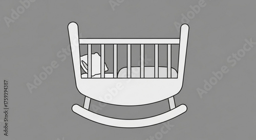A minimalist white baby cradle with a rocking base, providing a soothing and secure sleeping space for infants on gray background