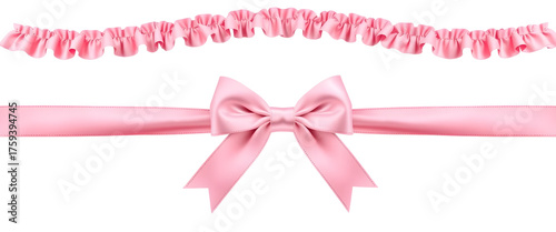  Pink ribbon with a ruffled edge and smooth bow in the middle, horizontal composition. Isolated on transparent background.