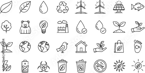 Eco-friendly line art icon set: nature, sustainability, renewable energy, recycling, climate, protection. Environmental vector illustrations.