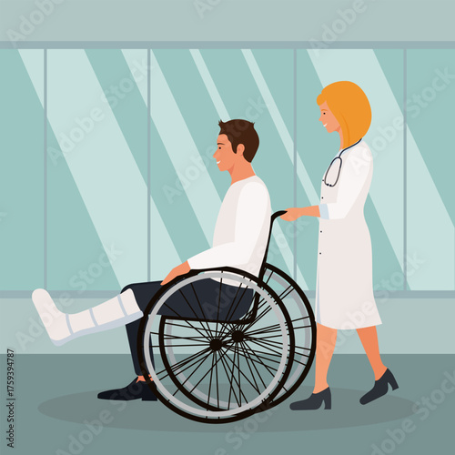 A female doctor is taking a patient in a wheelchair with a broken leg and a cast to an X-ray. Traumatology.