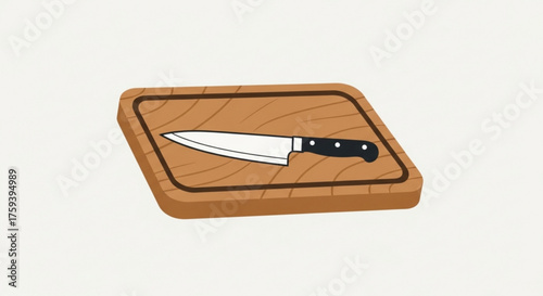Illustration of a wooden cutting board with a knife on top, , used for preparing food in the kitchen