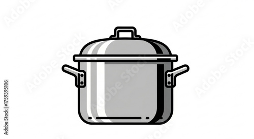 Illustration of a silver cooking pot with a lid, a kitchen utensil for cooking soups and other dishes