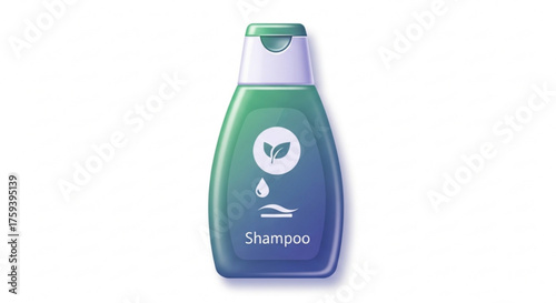 Green shampoo bottle with a leaf and a drop of water for hair care and beauty products in vector illustration