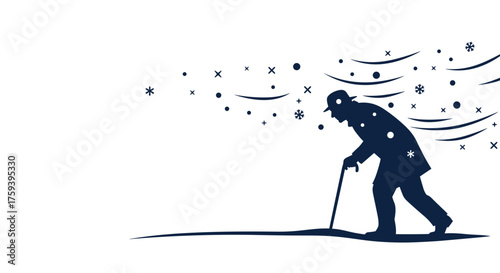 Elderly man walking with cane in snowstorm against white background  