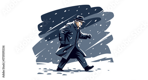 A dynamic vector illustration of an elderly man striding energetically through a snowstorm. He wears a hat and a long coat. Expressionist style with bold brushstrokes.
