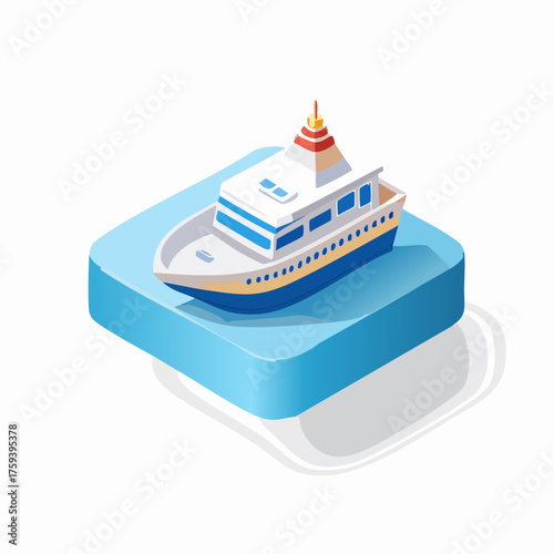 Isometric illustration of a modern cruise ship on a blue geometric platform